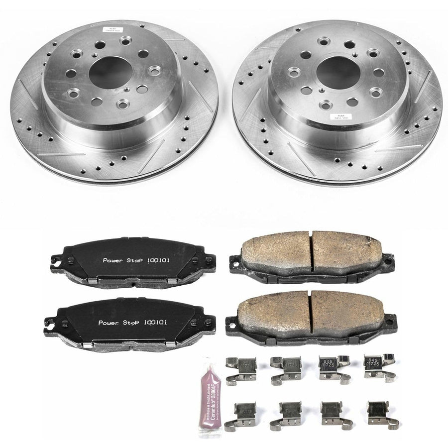 Rear Power Stop K1081 Z23 Carbon Fiber Brake Pads with Drilled & Slotted Brake Rotors Kit For Lexus LS400 1993-1994 [Model Specific]