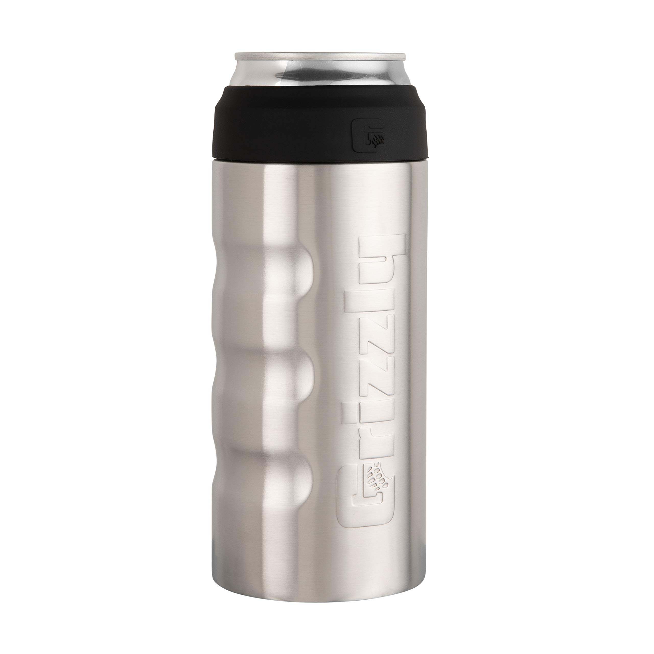 Slim Can Grizzly Grip | 12 oz Stainless Steel Vacuum Insulated Can Cooler | For 12 oz Slim Energy and Seltzer Cans Reusable Durable | Brushed Stainless