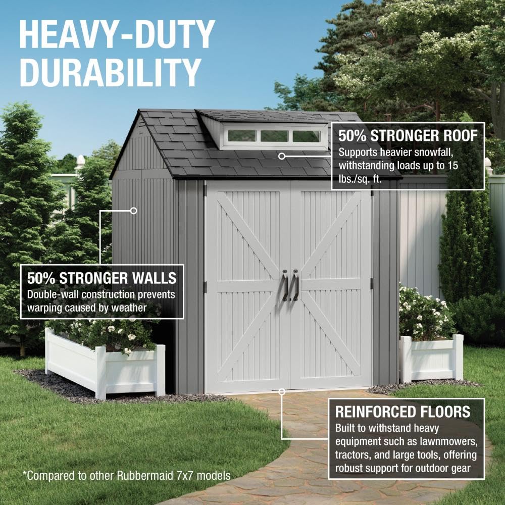 Rubbermaid Outdoor Resin Storage Shed With Floor (7 x 7 Ft) Weather Resistant Gray Organization for Home/Backyard/Garden Tools/Lawn Mower/Bike Storage/Pool Supplies