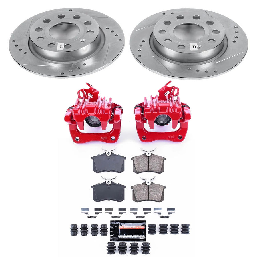 Power Stop Z23 Evolution Sport Rear Caliper Brake Kit-Drilled/Slotted Rotors, Carbon Ceramic Brake Pads, For Audi A3, VW Beetle, VW Jetta [Model Specific] Calipers