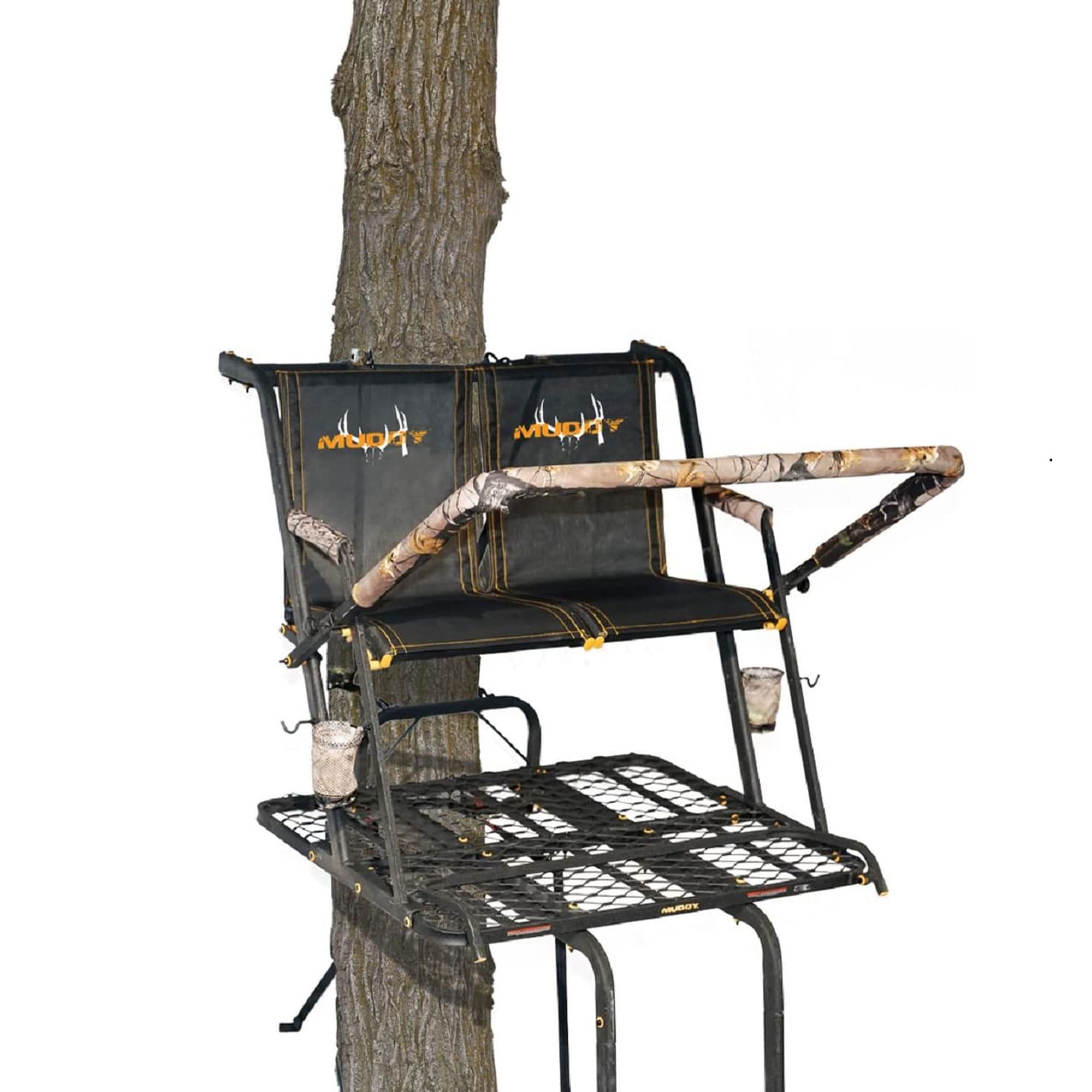 2-Person MUDDY Nexus XTL Steel Ladder Tree Stand, 20 ft Tall, 500 lb Capacity - Heavy-Duty Hunting Treestand with Flex-Tek Seat, Footrest, Padded Shooting Rail, Cup Holders & Safety Hooks