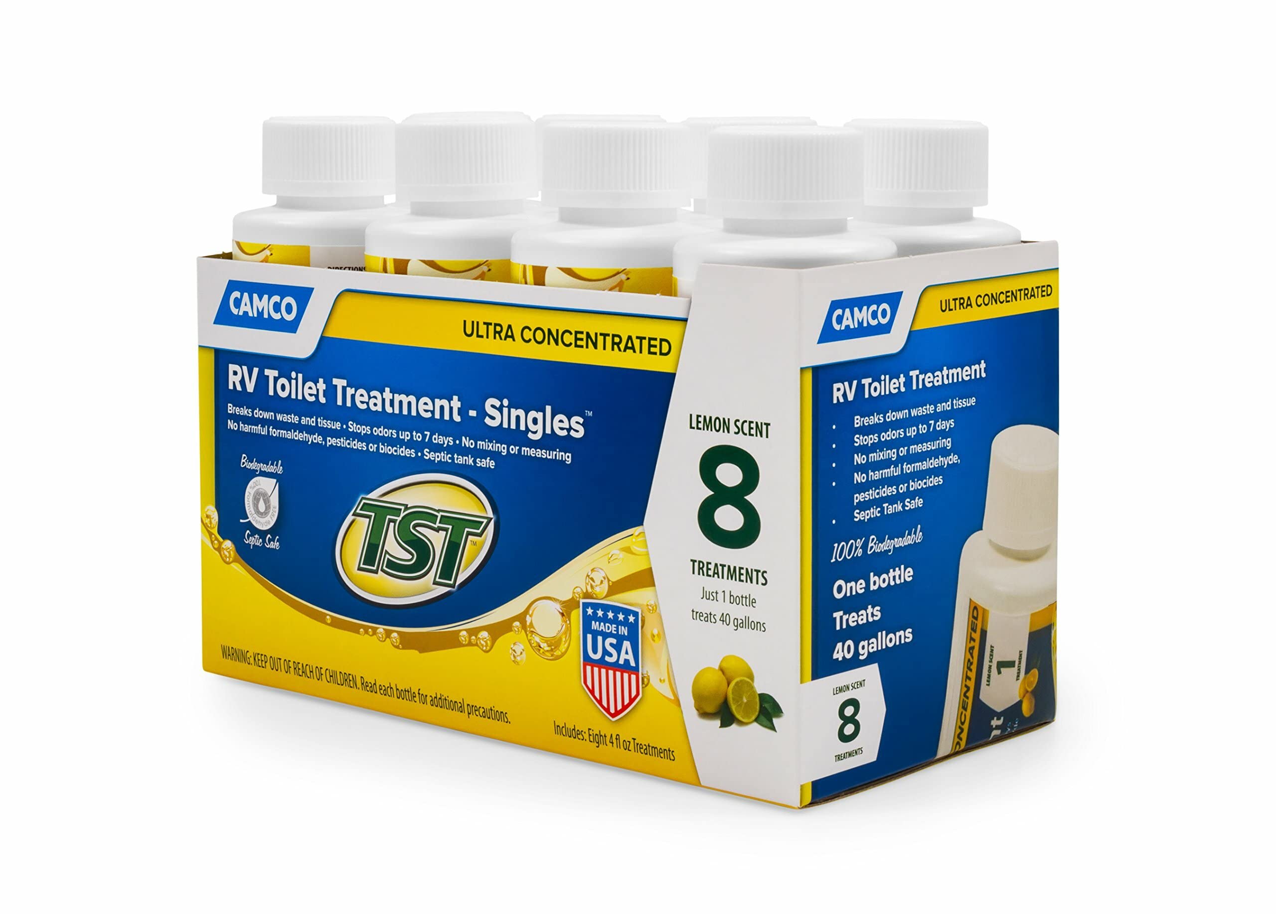 Camco TST MAX Toilet Treatment RV - Formaldehyde Free - Breaks Down Waste And Tissue - Septic Tank Safe - Treats up to 8-40 Gallon Holding Tanks -Lemon Scent, (8) 4 oz Bottles (41571)