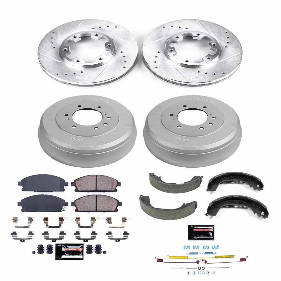 Power Stop K15116DK Z23 Carbon Fiber Brake Pads Front and Rear with Drilled & Slotted Brake Drums Kit For Nissan Pathfinder 1996-1998 [Model Specific]