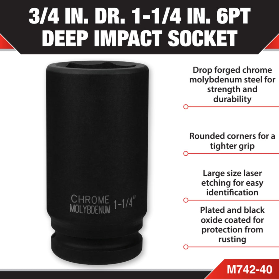 M742-40 Performance Tool 3/4-Inch Drive 1-1/4-Inch Deep Wall Impact Socket for Heavy-Duty Fastening Tasks and Automotive Repairs