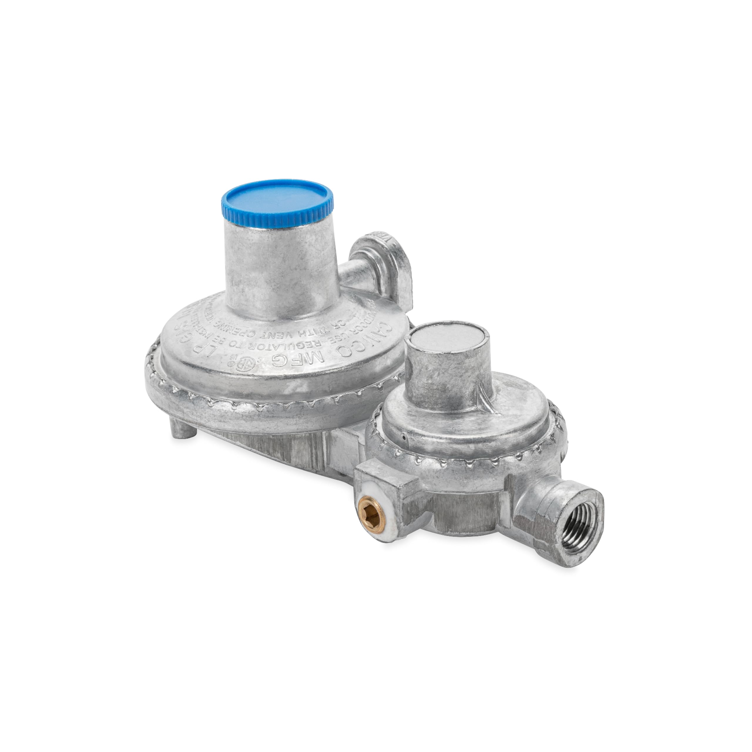 Horizontal Camco Two Stage Propane Regulator - Compatible with 20 lb or 30 lb Propane Tanks with ACME Threads - 1/4-inch Female NPT inlet and 3/8-inch Female NPT outlet (59323)