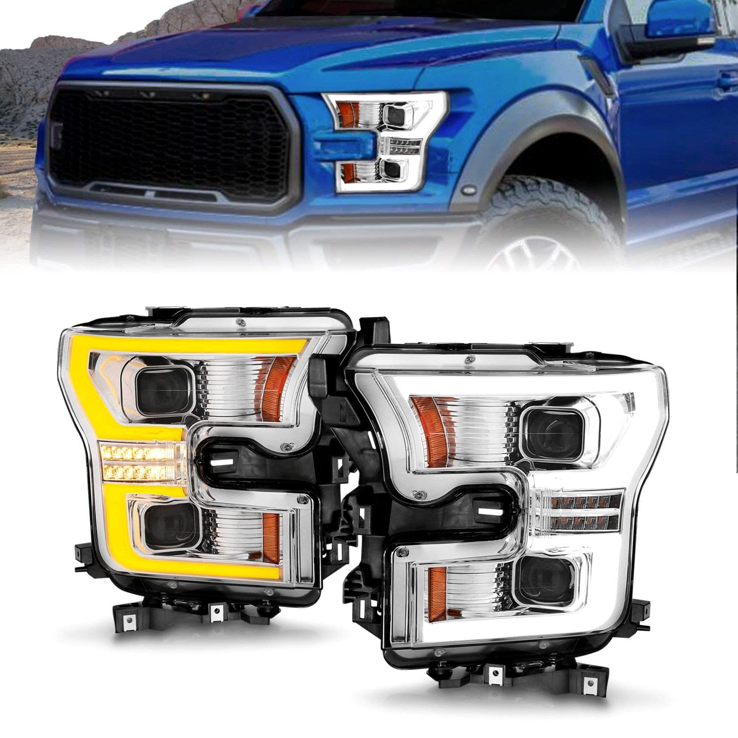 15-17 Ford F-150 ANZO LED Projector Headlights - w/Light Bar Switchback Chrome Housing (111548)