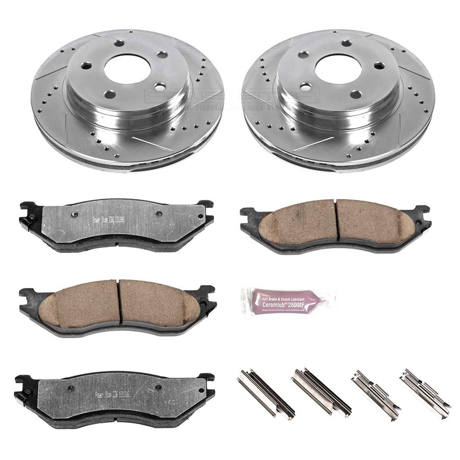Power Stop Front Brake Kit For 2002 Dodge Ram 1500 2004 2005 2006 Dodge Durango - Truck & Tow Carbon Fiber Ceramic Brake Pads & Drilled and Slotted Rotors Replacement, K2165-36