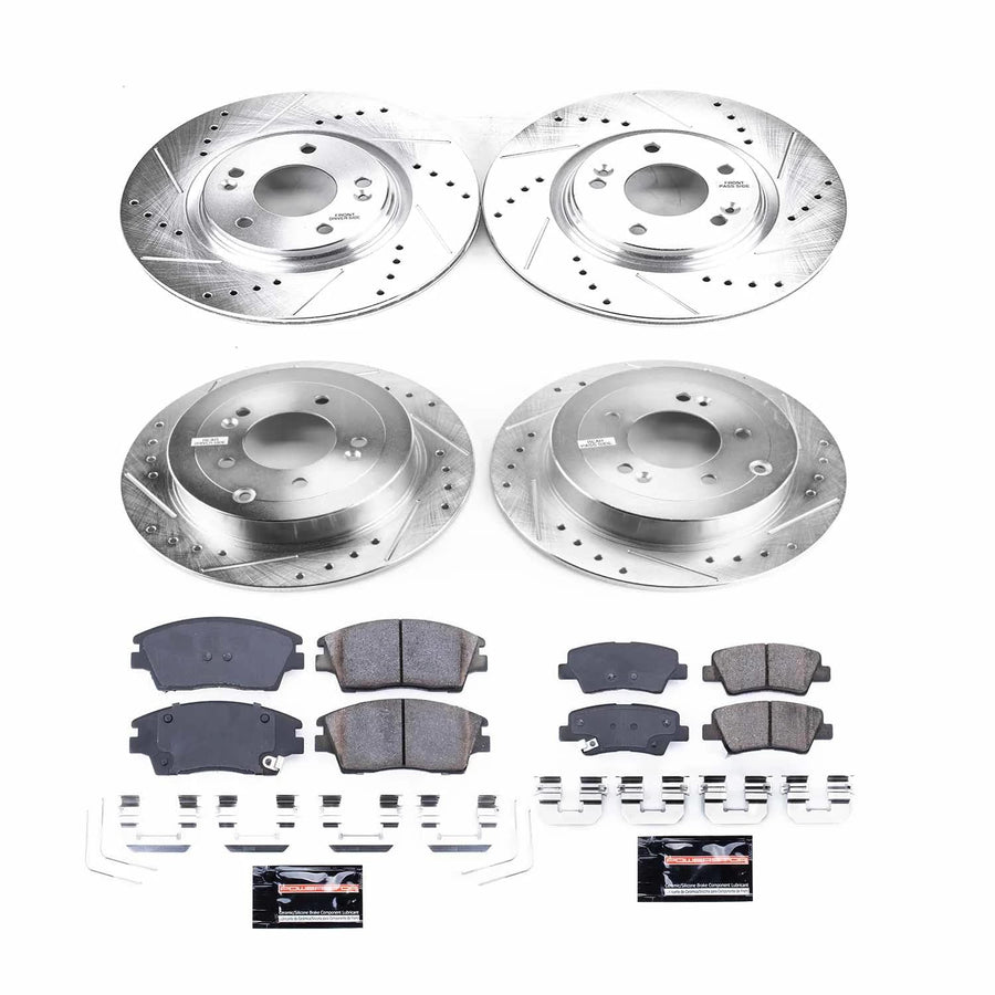 Power Stop K7581 Z23 Carbon Fiber Brake Pads Front and Rear with Drilled & Slotted Brake Rotors Kit For Hyundai Tucson 2016-2018, Kia Sportage 2017-2022 [Model Specific]