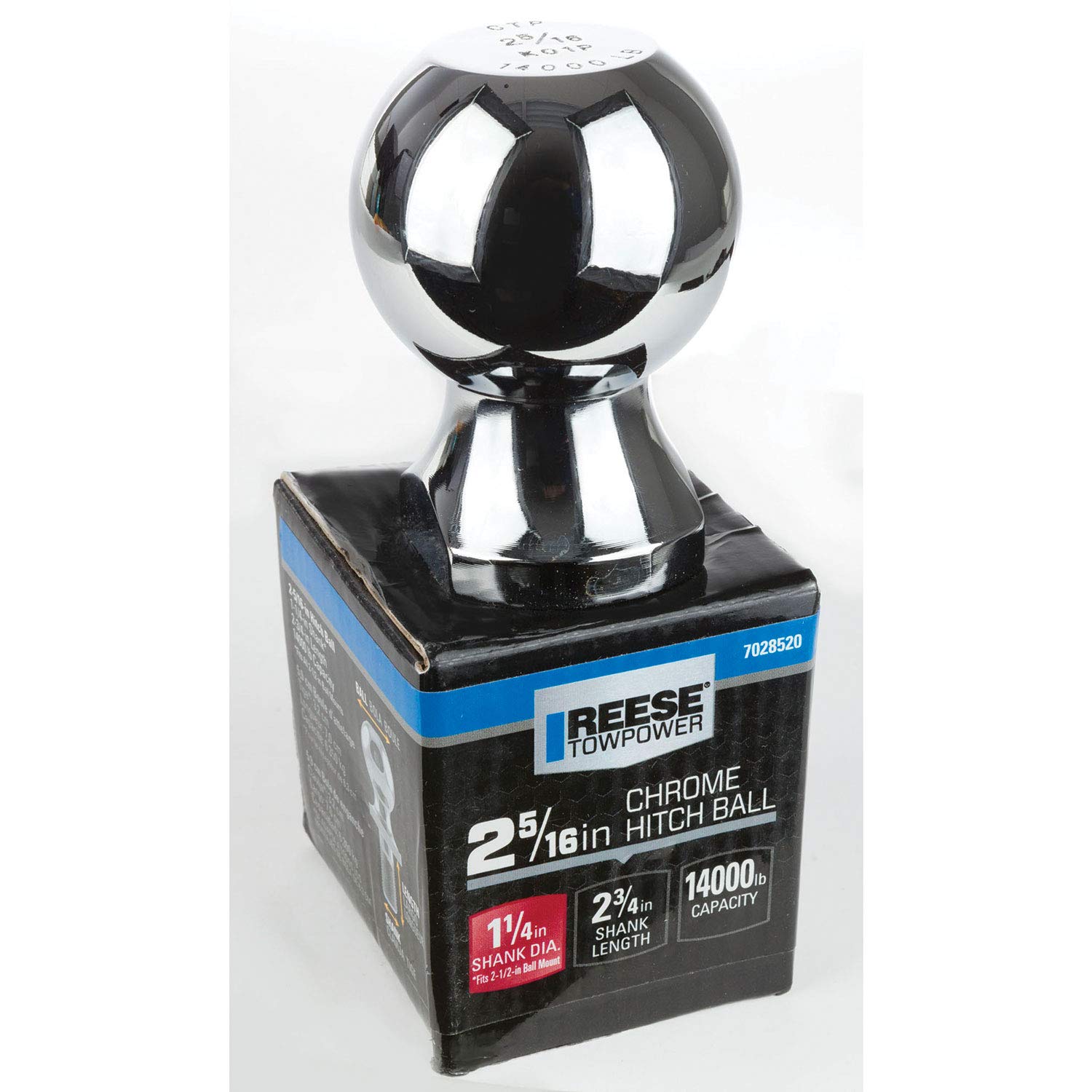 Reese Trailer Hitch Ball 7028520, 2-5/16 in. Diameter, 14,000 lbs. Capacity, 1-1/4 in. Shank Dia, 2-3/4 in. Shank Length, Chrome
