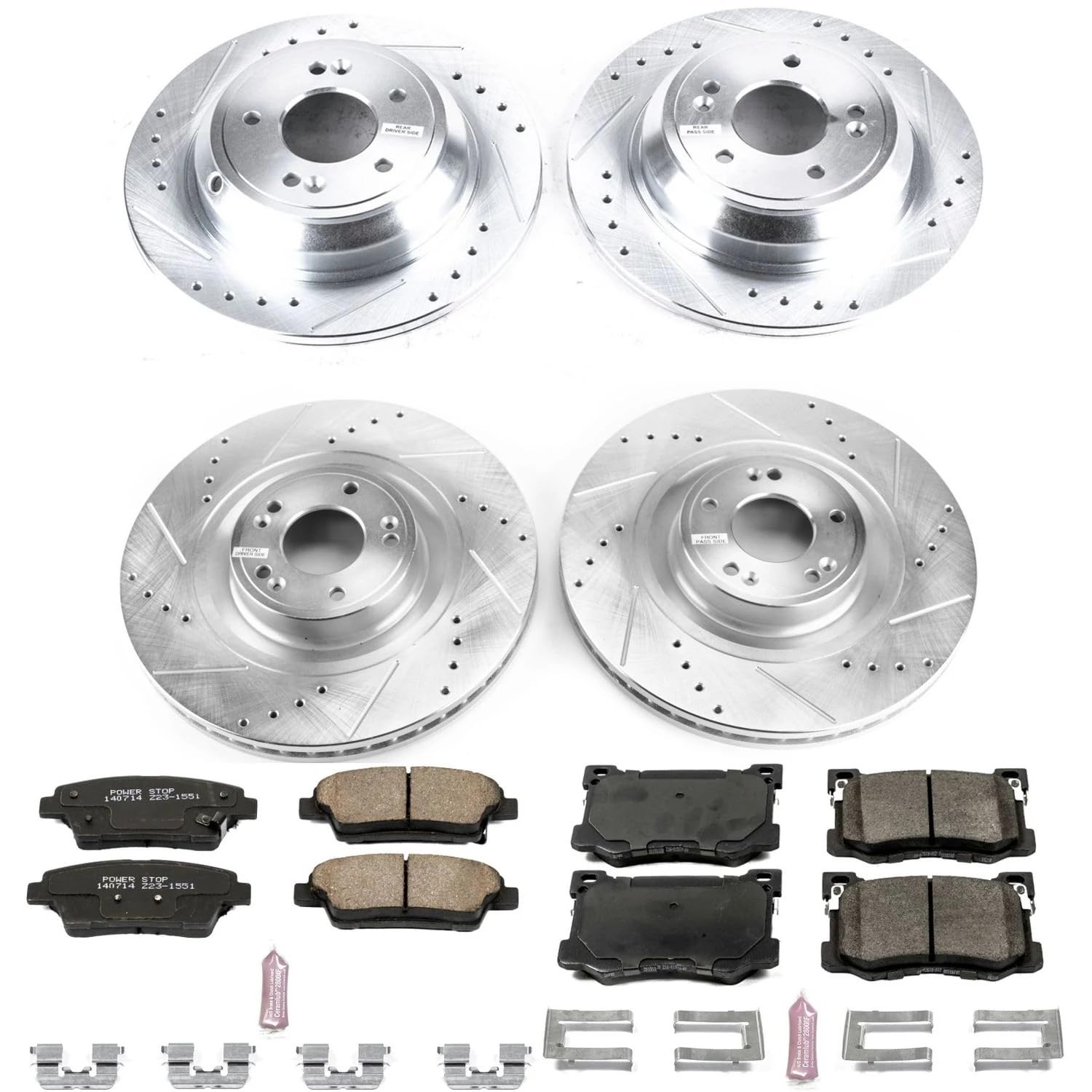 Power Stop K7386 Z23 Carbon Fiber Brake Pads Front and Rear with Drilled & Slotted Brake Rotors Kit For Hyundai Genesis 2015-2016 [Model Specific]