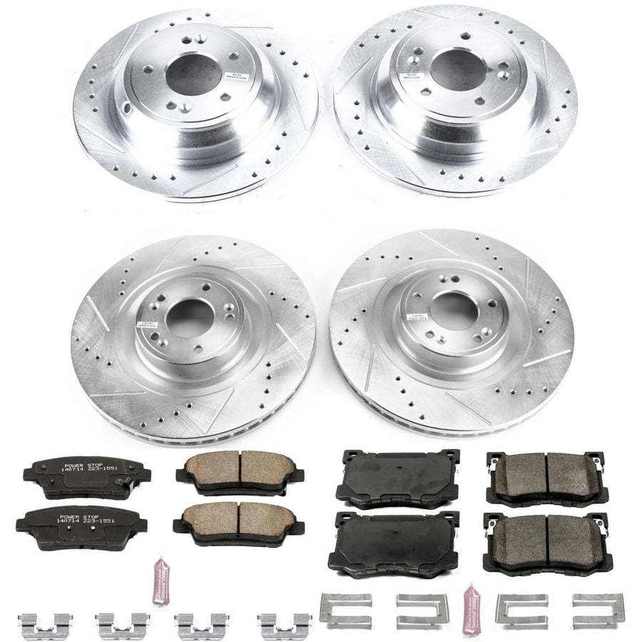 Power Stop K7386 Z23 Carbon Fiber Brake Pads Front and Rear with Drilled & Slotted Brake Rotors Kit For Hyundai Genesis 2015-2016 [Model Specific]