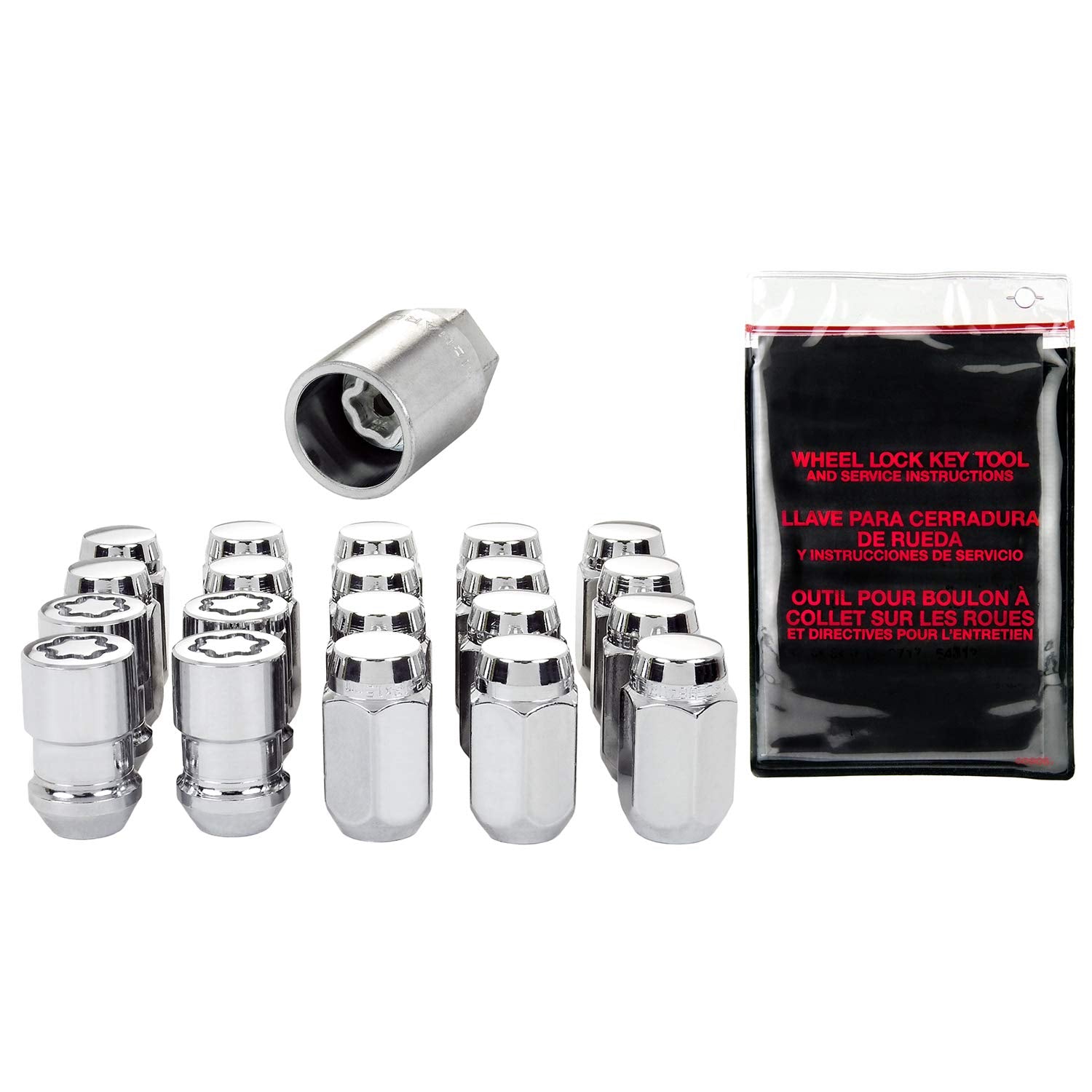 Chrome Cone Seat McGard 84532 Wheel Installation Kit (7/16" - 20 Thread Size) - for 5 Lug Wheels, 16 Lug Nuts / 4 Locks / 1 Key / 1 Storage Pouch
