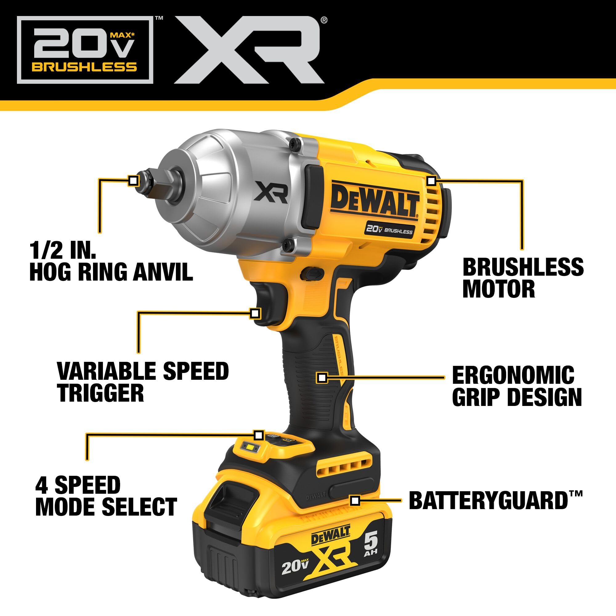 DEWALT Cordless 20V MAX Impact Wrench with Hog Ring Anvil, Brushless High Torque 1/2 Impact Gun, 4-Mode Speed, Includes Battery, Charger and Kit Bag (DCF900P1)