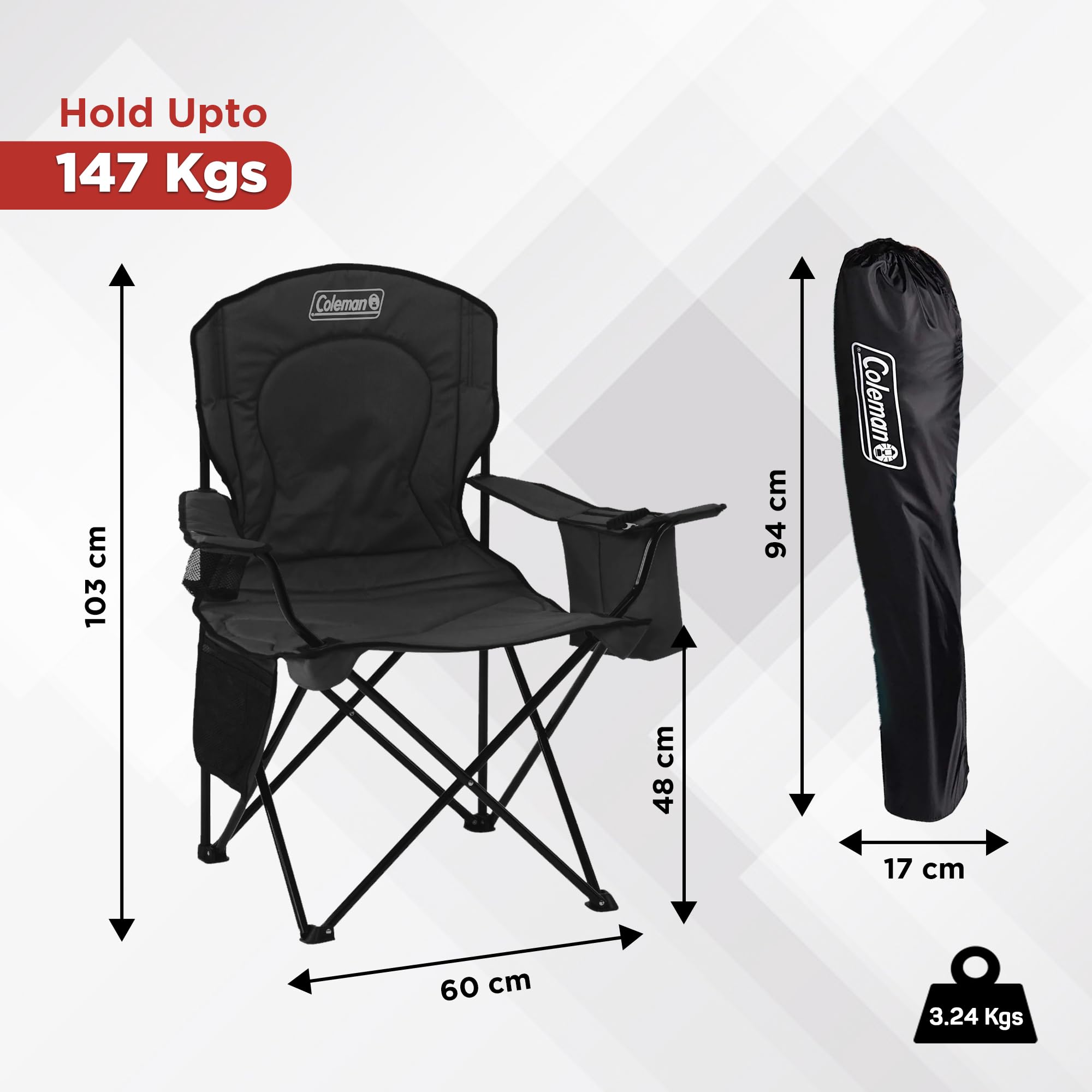Coleman Camping Chair Portable with 4-Can Cooler, Cushioned Seat & Back with Side Pockets & Cup Holder, Carry Bag Included, Great for Camping, Tailgating, Firepits, Patio, & More