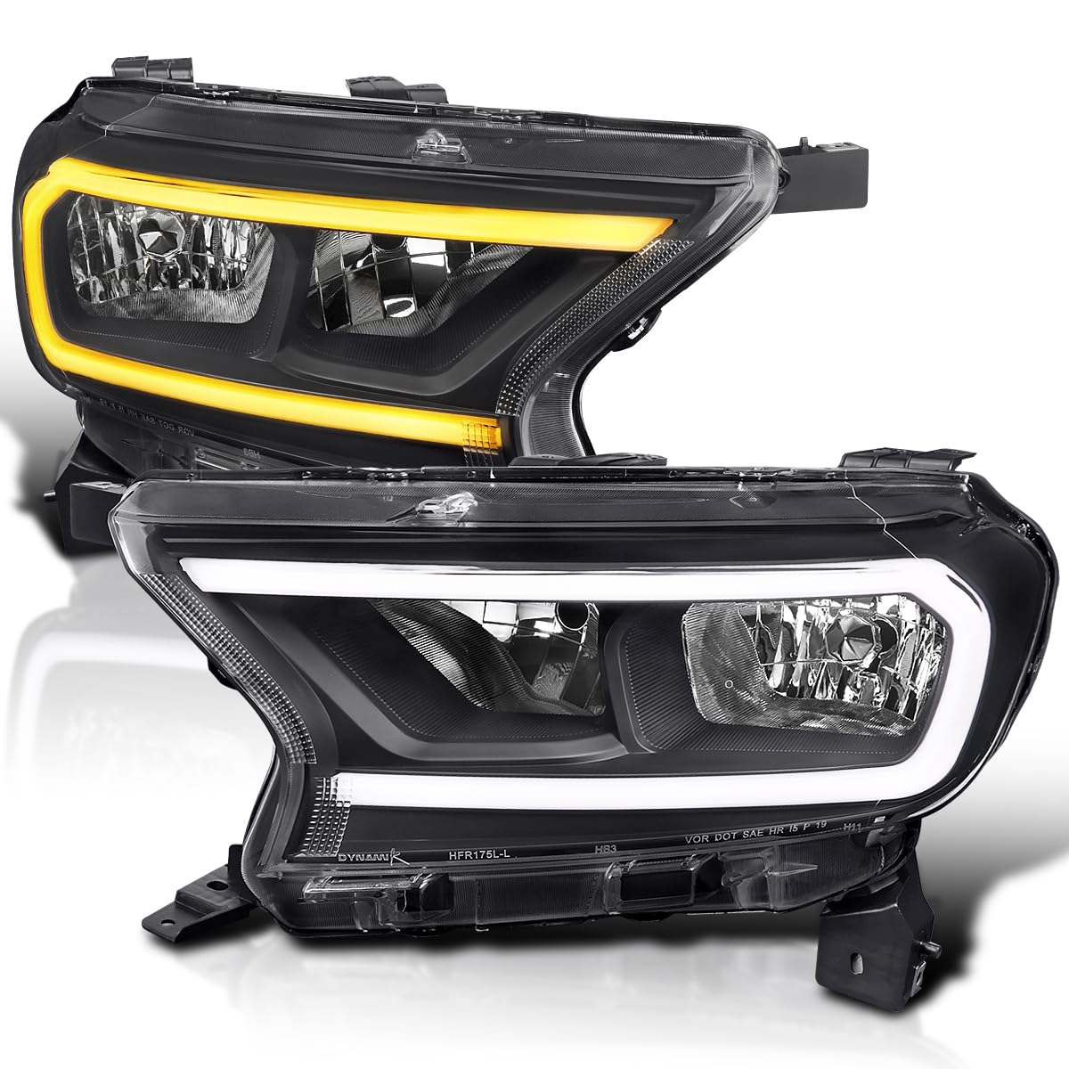 Black LED Strip Headlights SPEC-D TUNING w/Switchback and Sequential Turn Signals Compatible with 2019-2023 Ford Ranger XL/XLT, Left + Right Pair Headlamps Assembly