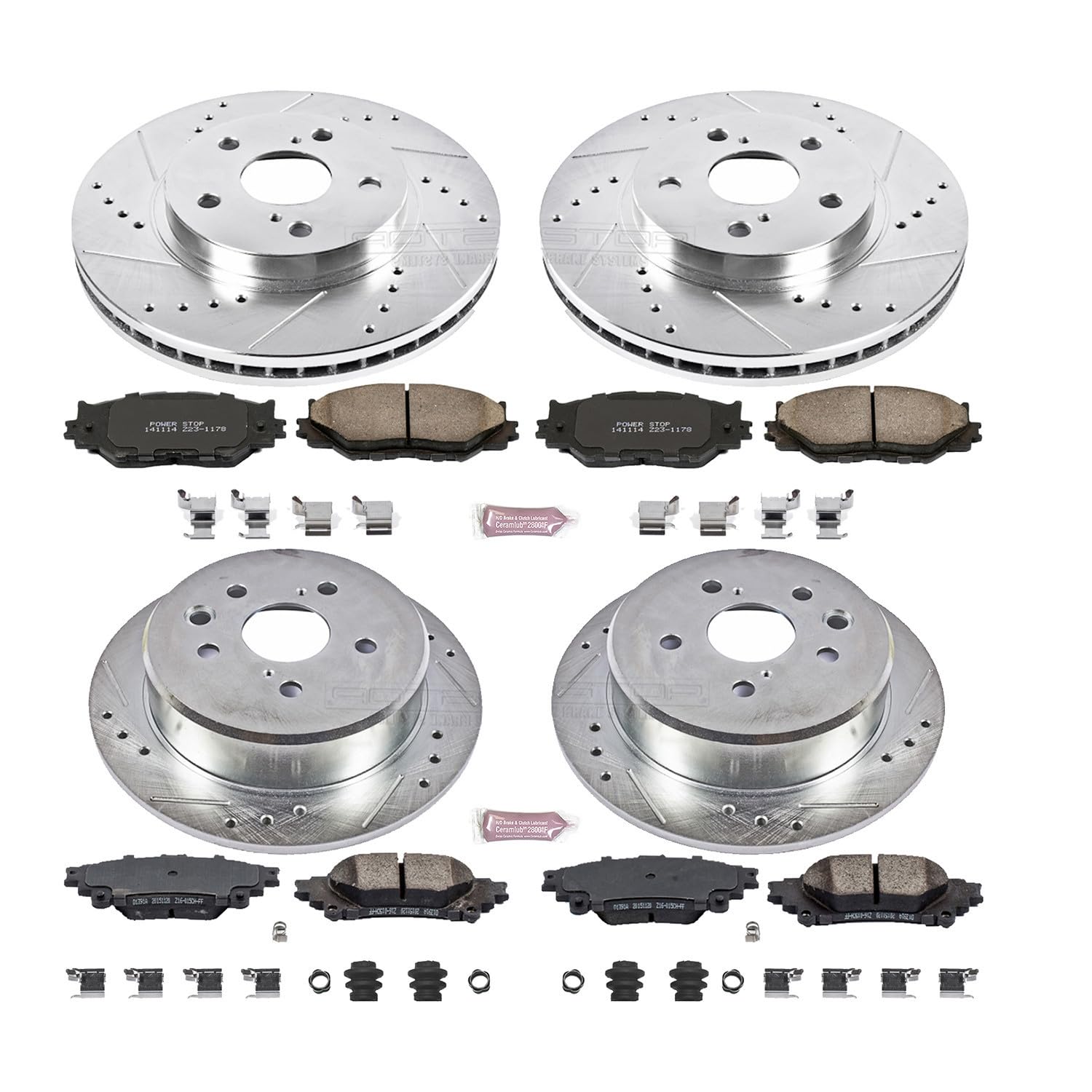 Power Stop K6988 Z23 Carbon Fiber Brake Pads Front and Rear with Drilled & Slotted Brake Rotors Kit For Lexus IS250 2014-2015 [Model Specific]