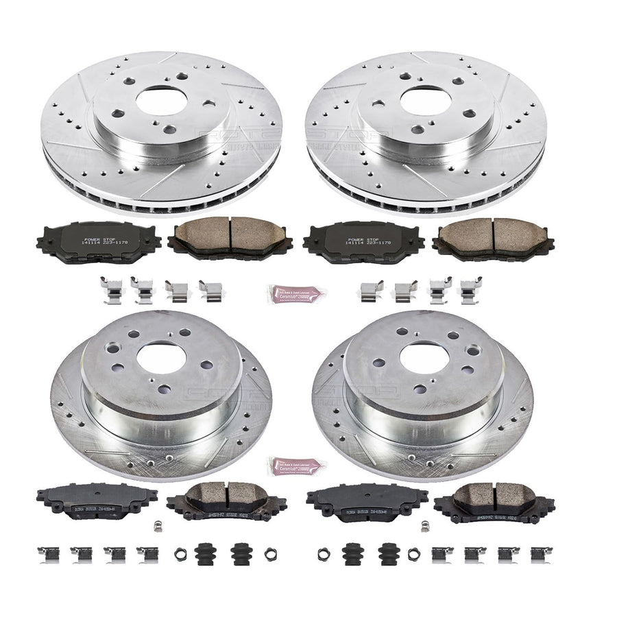 Power Stop K6988 Z23 Carbon Fiber Brake Pads Front and Rear with Drilled & Slotted Brake Rotors Kit For Lexus IS250 2014-2015 [Model Specific]