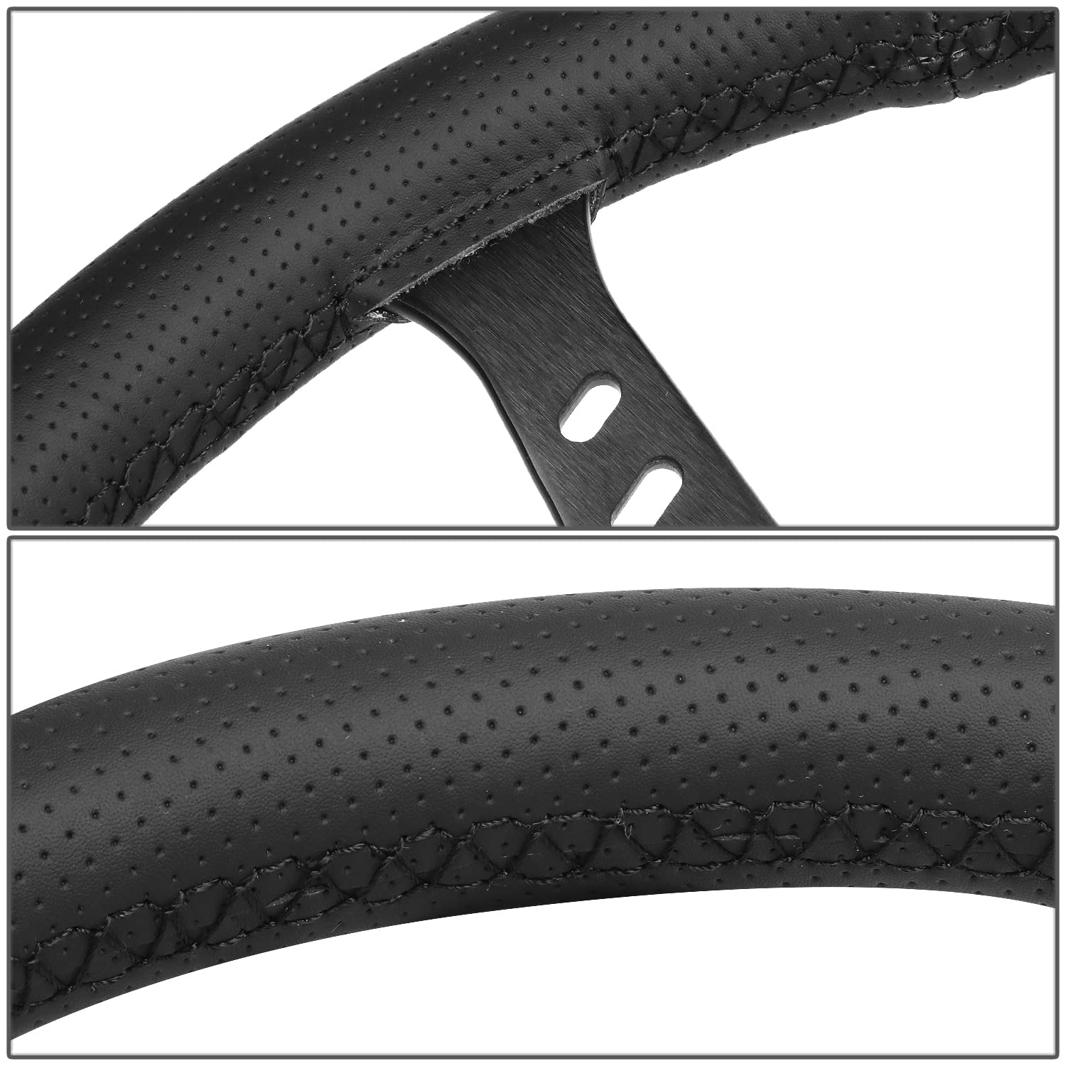 NRG Innovations Reinforced NRG-RST-380STL-B Classic Stealth Wheel, 380mm, 3 Spoke Center with Diagnal Slits, 1" Deep Dish with Perforated Leather and Black Stitching