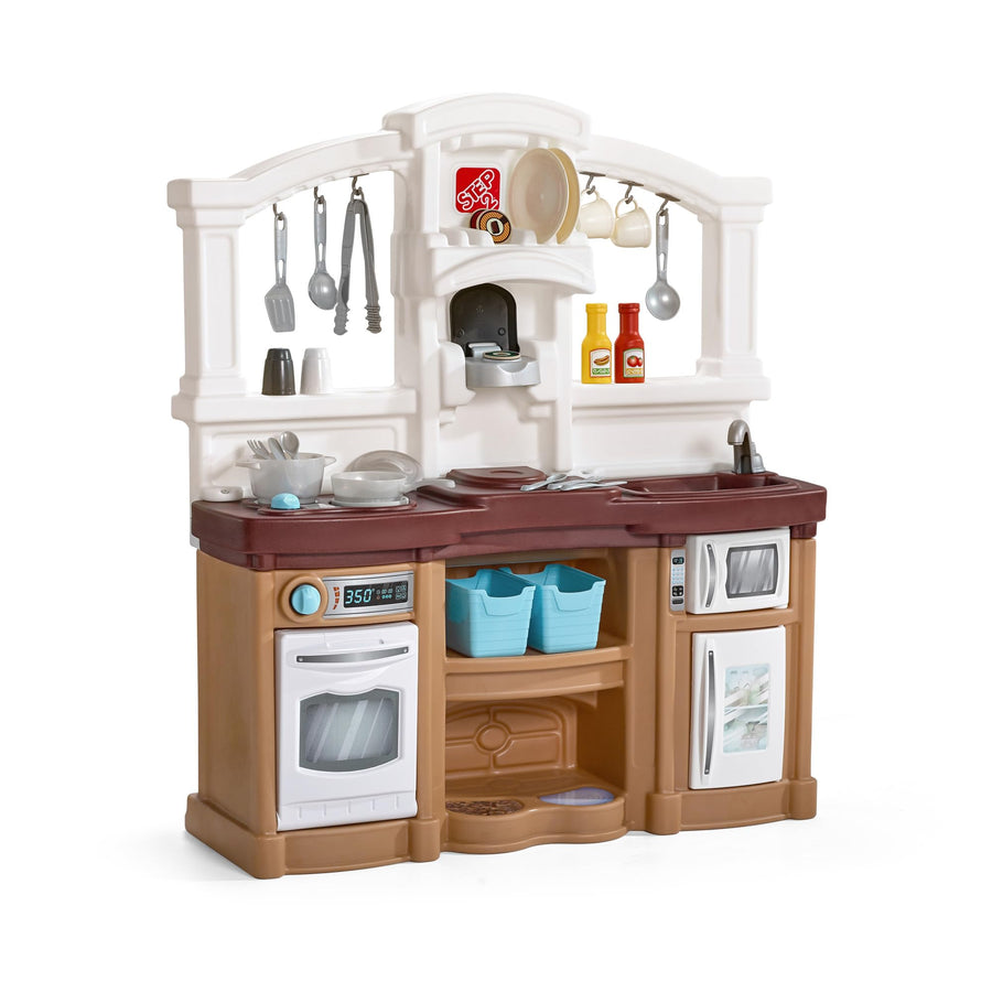 Step2 Fun with Friends Kitchen Playset Kids, Indoor/Outdoor Kitchenette, Interactive Play with Lights and Sounds, Durable Plastic, Includes 25 Piece Toy Accessories, Toddlers 2+ Years Old, Tan