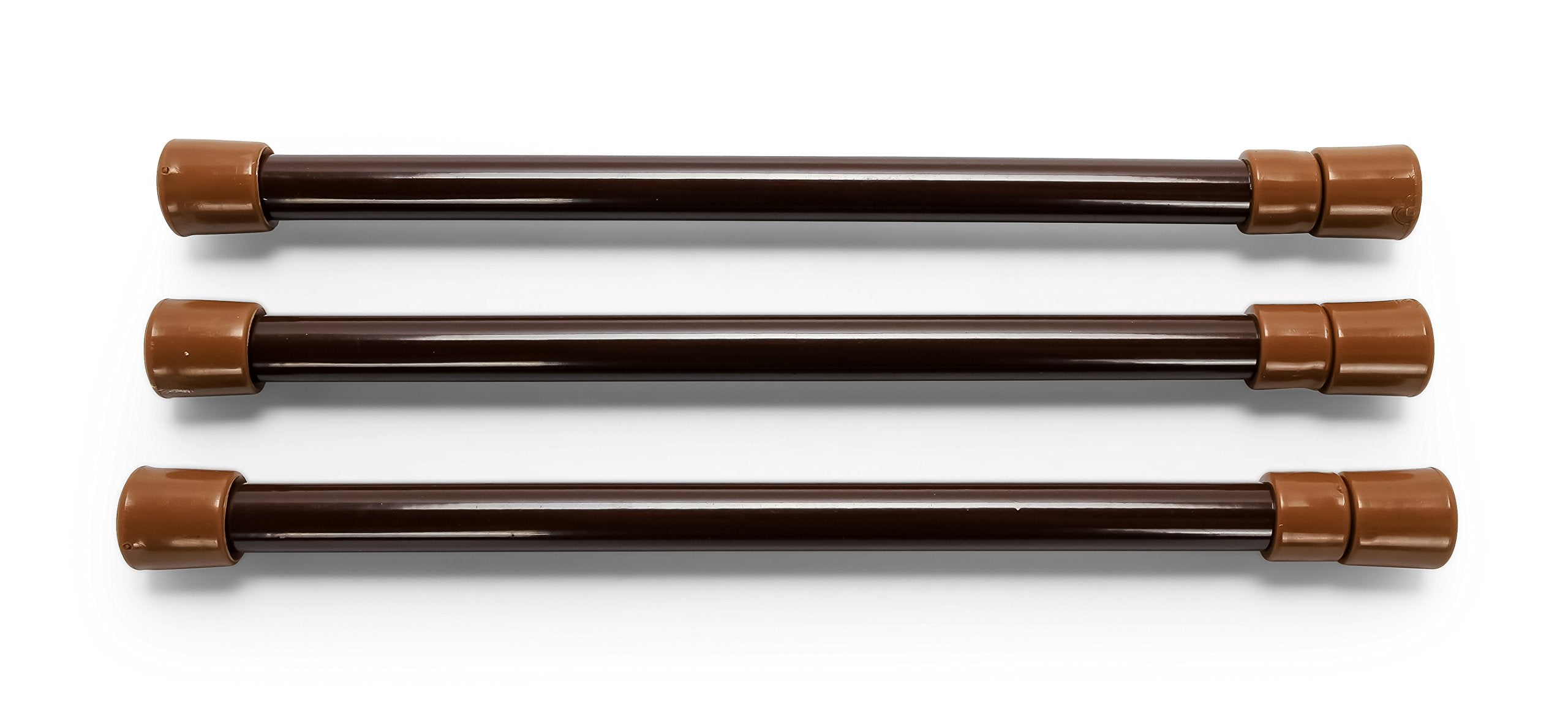 Camco 17" Cupboard Bars RV - 3 pack, Holds Food and Drinks in Place During Travel, Prevents Messy Spills, Spring Loaded and Extends Between 10" and 17" - Brown ( 44066)