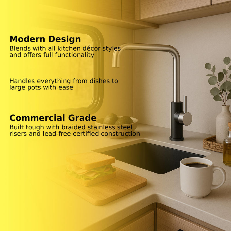 Dura Faucet Squared-Arc RV Single Handle Kitchen Sink Faucet - Optional Deck Plate (Matte Black/Brushed Satin Nickel)