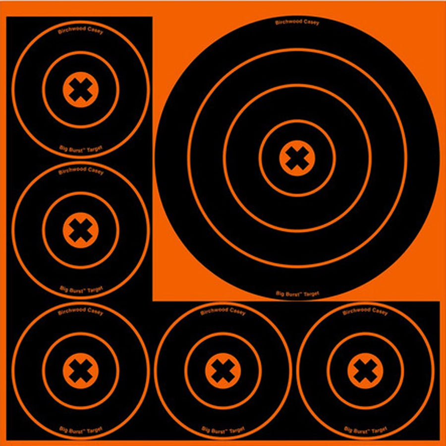 Birchwood Casey Always Flat Big Burst Bull's Eye Adhesive Back Shooting Training Reactive Targets | Pack of 3 Sheets | 8" & 4" Targets (6 Targets per Sheet)