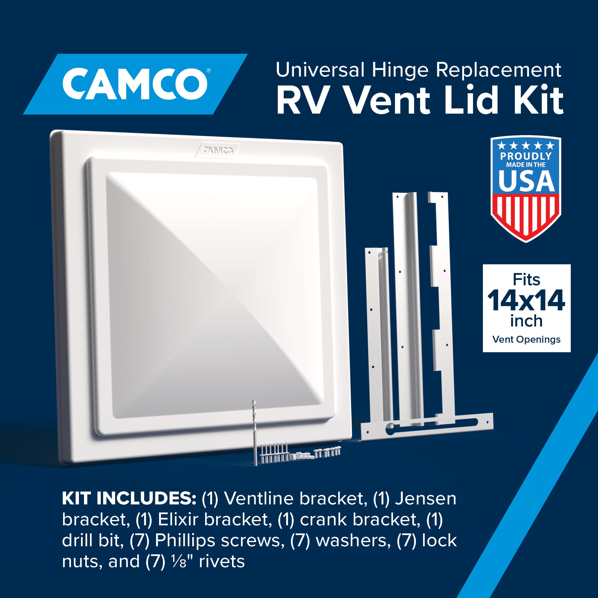 Camco RV Universal Roof Vent Replacement Kit — Fits Standard 14" x 14" Vent Openings – Works with Jensen, Ventline, and Elixir Models – Includes 3 Hardware Options (40195)
