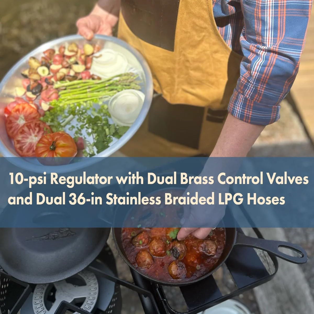 Bayou Classic DB375 Outdoor Patio Dual Burner Stove Features 13-in Tall Welded Steel Frame Dual 6-in Burners Dual 36-in Stainless Braided Hoses Designed for Large Pots up to 62-qt Capacity