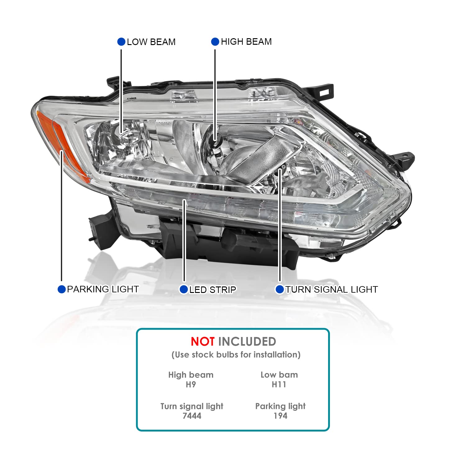 Chrome Headlights SPEC-D TUNING w/LED Strip Compatible with 2014-2016 Nissan Rogue, Left + Right Pair Headlamps Assembly