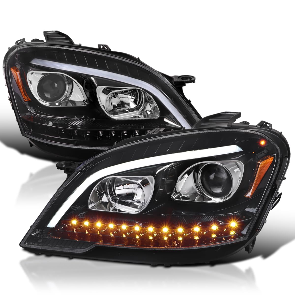 SPEC-D TUNING Projector Headlights Glossy Black with LED Sequential Turn Signals Compatible with 2009-2011 Mercedes Benz W164 ML320, Left + Right Pair Headlamp Assembly