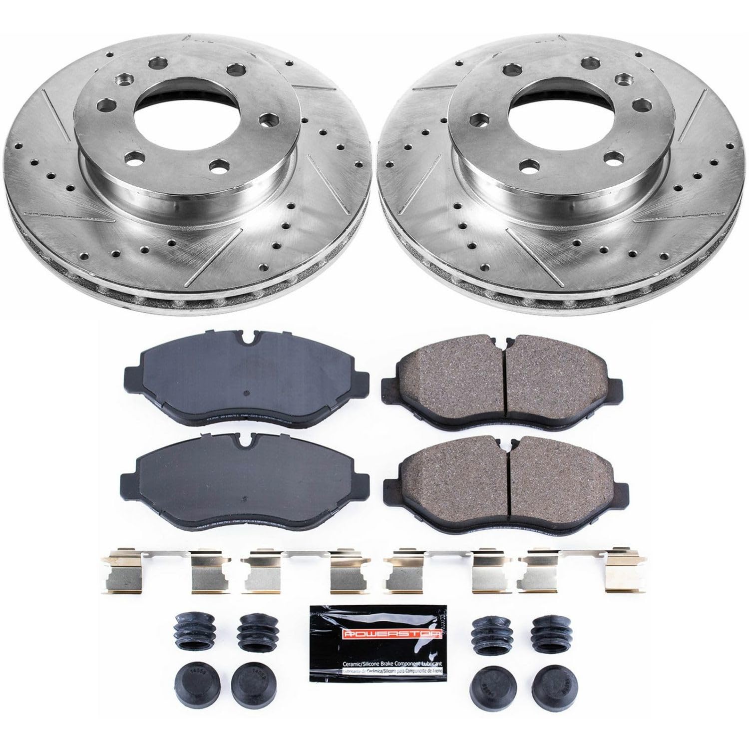 Power Stop K6236 Z23 Carbon Fiber Brake Pads with Drilled & Slotted Brake Rotors Kit and 2 Front Sensor Wires For Sprinter 2500, Freightliner Sprinter 2500, Sprinter 2500 [Model Specific]