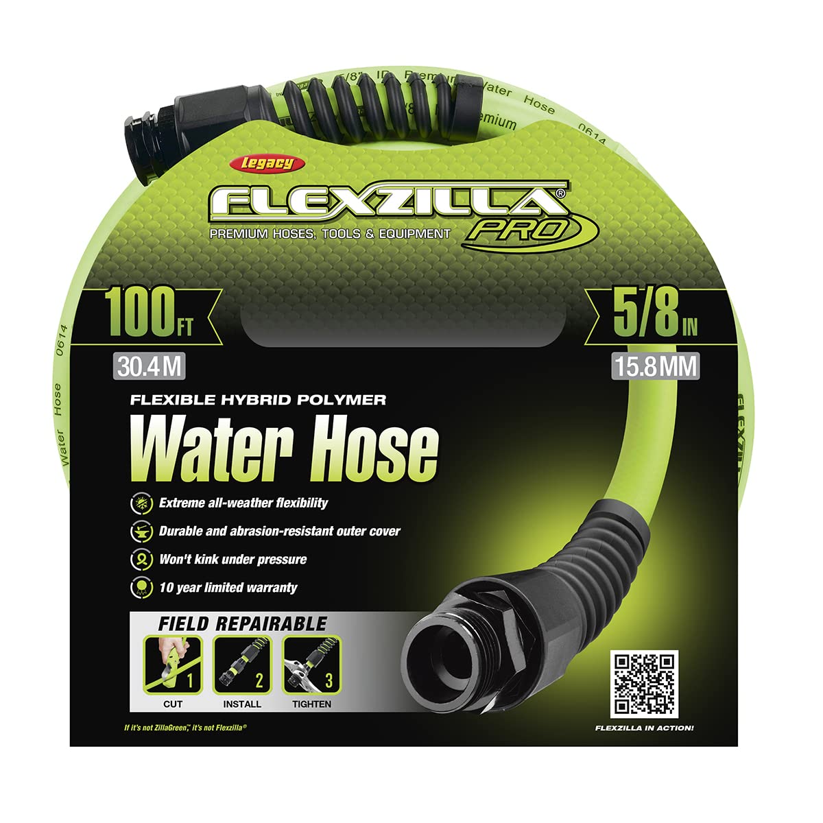 Flexzilla Pro Water Hose with Reusable Fittings 100 Feet | All Weather Flexibility | Leak Free Connections | Under Pressure Won't Kink | Lightweight