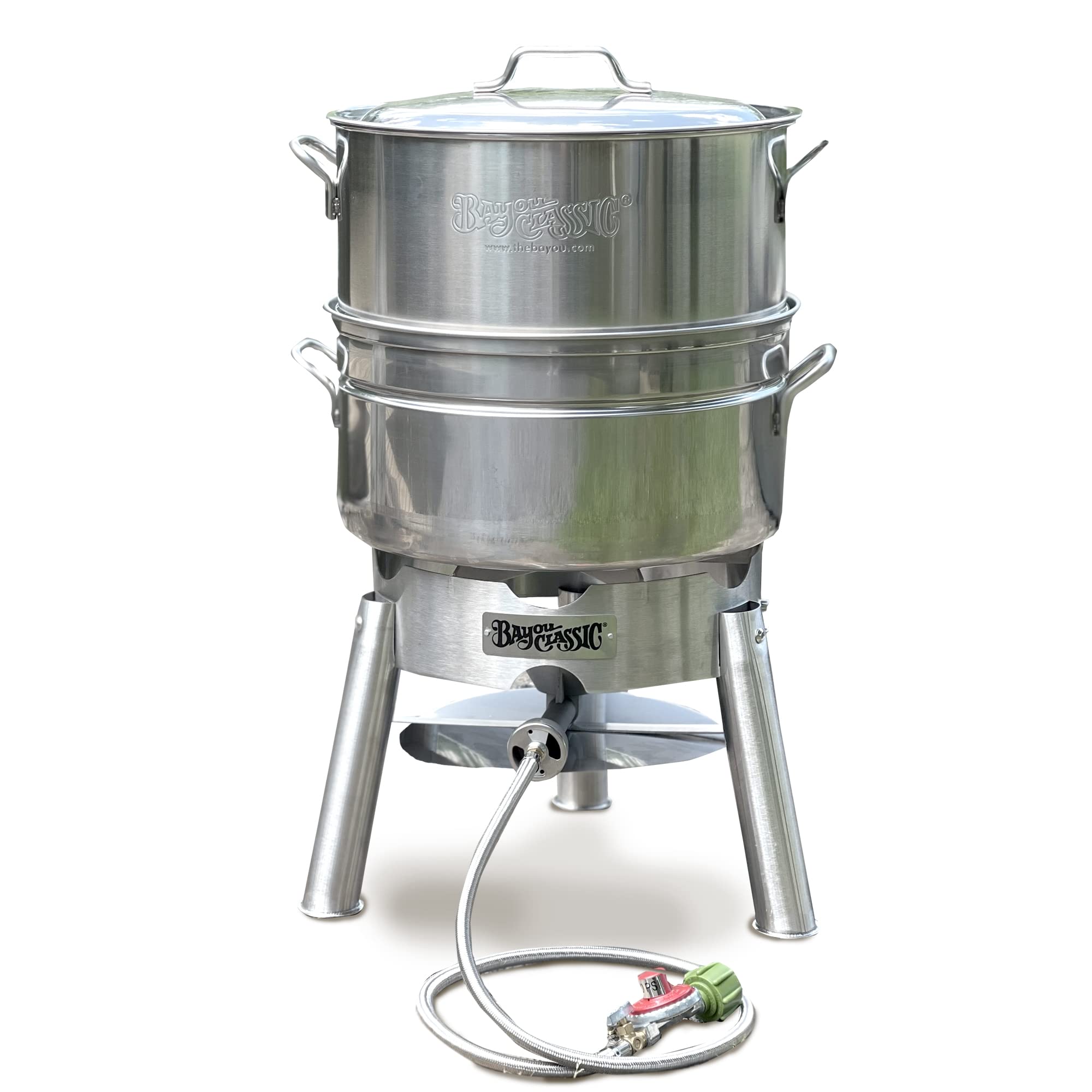 Bayou Classic KDS-151 Steamer Kit Stainless Features Heavy Welded Loop Handles 4-in Cast Aluminum Burner 10-psi Regulator w/ 48-in Hose Perfect For Steaming Up To A Half Bushel of Seafood