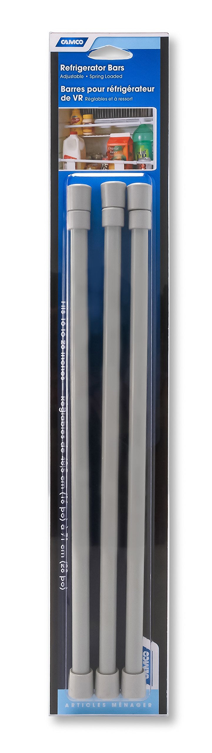 28" Camco RV Refrigerator Bars - 3 pack, Holds Food and Drinks in Place During Travel, Prevents Messy Spills, Extends Between 16" and 28" - Gray (44055)