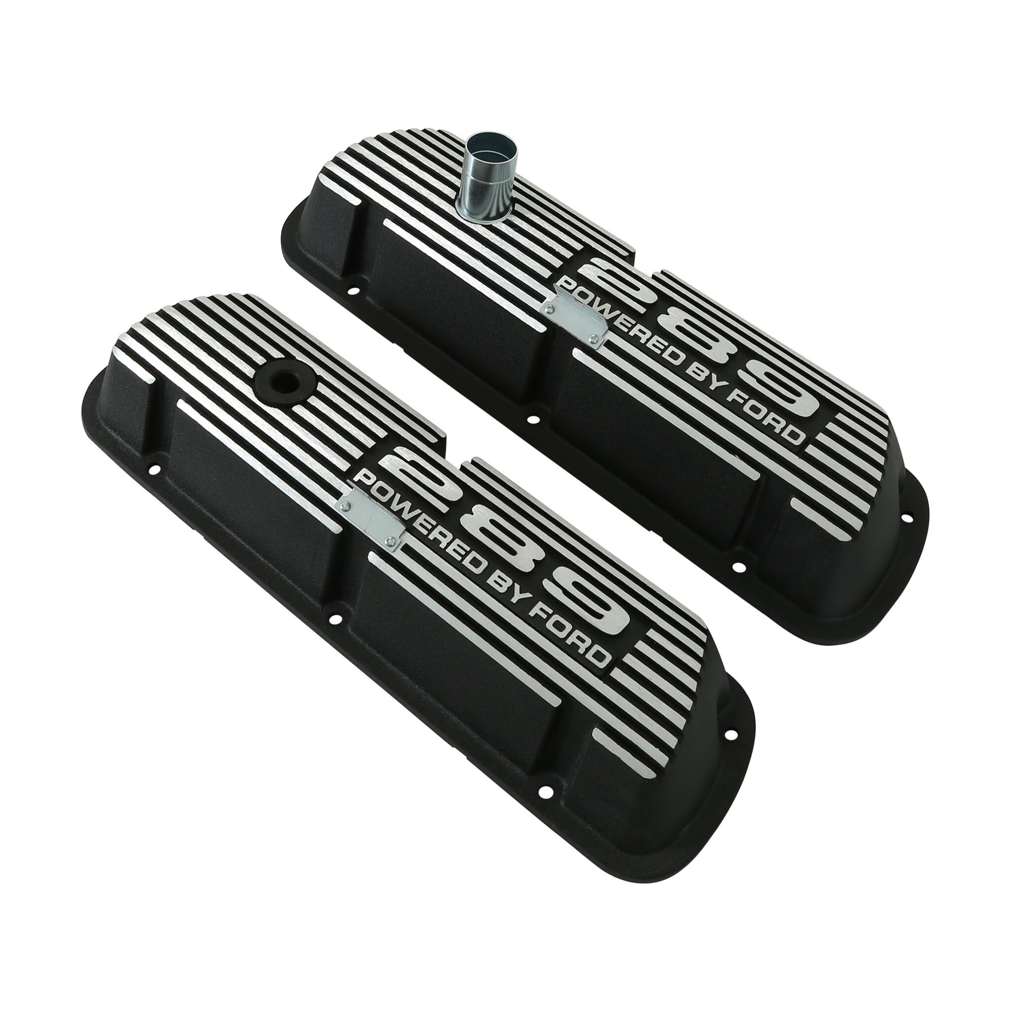 Aluminum Valve Covers Scott Drake with Official 289" "Powered by Ford Lettering in a Silver Powder Coated Finish, Compatible with 1964-1973 Ford Mustang, Model 6A582-289