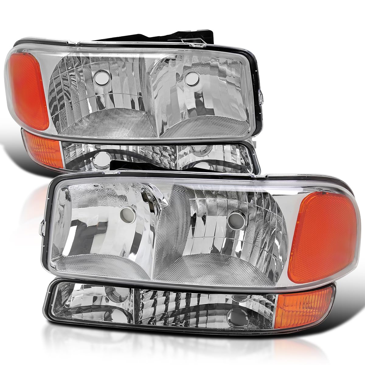 Chrome Headlights + Bumper Lights SPEC-D TUNING Compatible with 1999-2006 GMC Sierra 1500 2500 3500, Left + Right Pair Headlamp Assembly