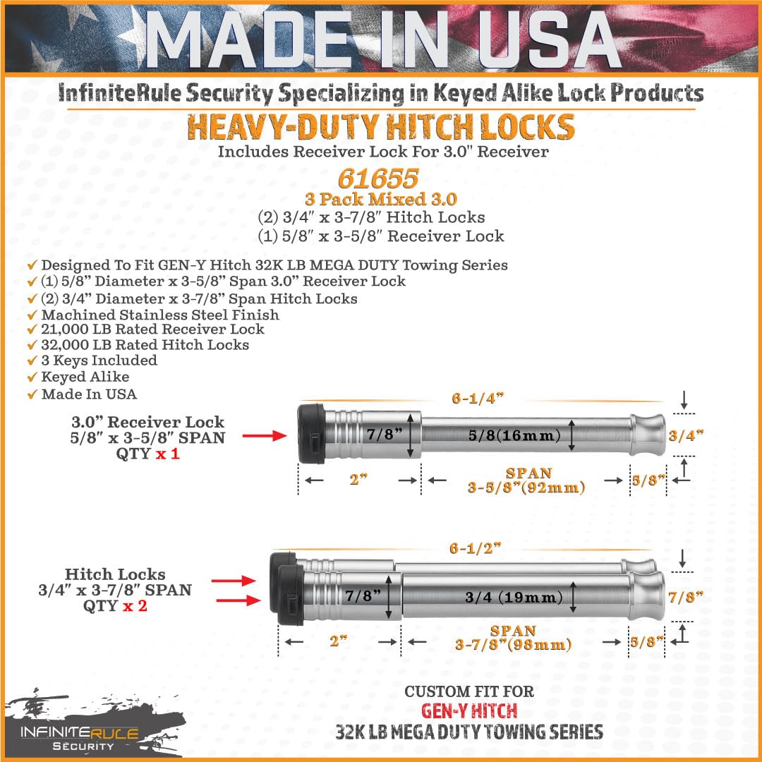 3 Pack Mixed 3.0, Keyed Alike, Hitch Locks for Gen-Y Mega Duty 32K LB Series - Includes Lock for 3.0" Receiver