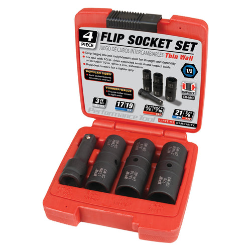 M774 Performance Tool 1/2-Inch Drive Flip Socket Set - 4-Piece Metric & SAE Kit with Thin Wall Design for Lug Nuts, Wheel Bolts & More