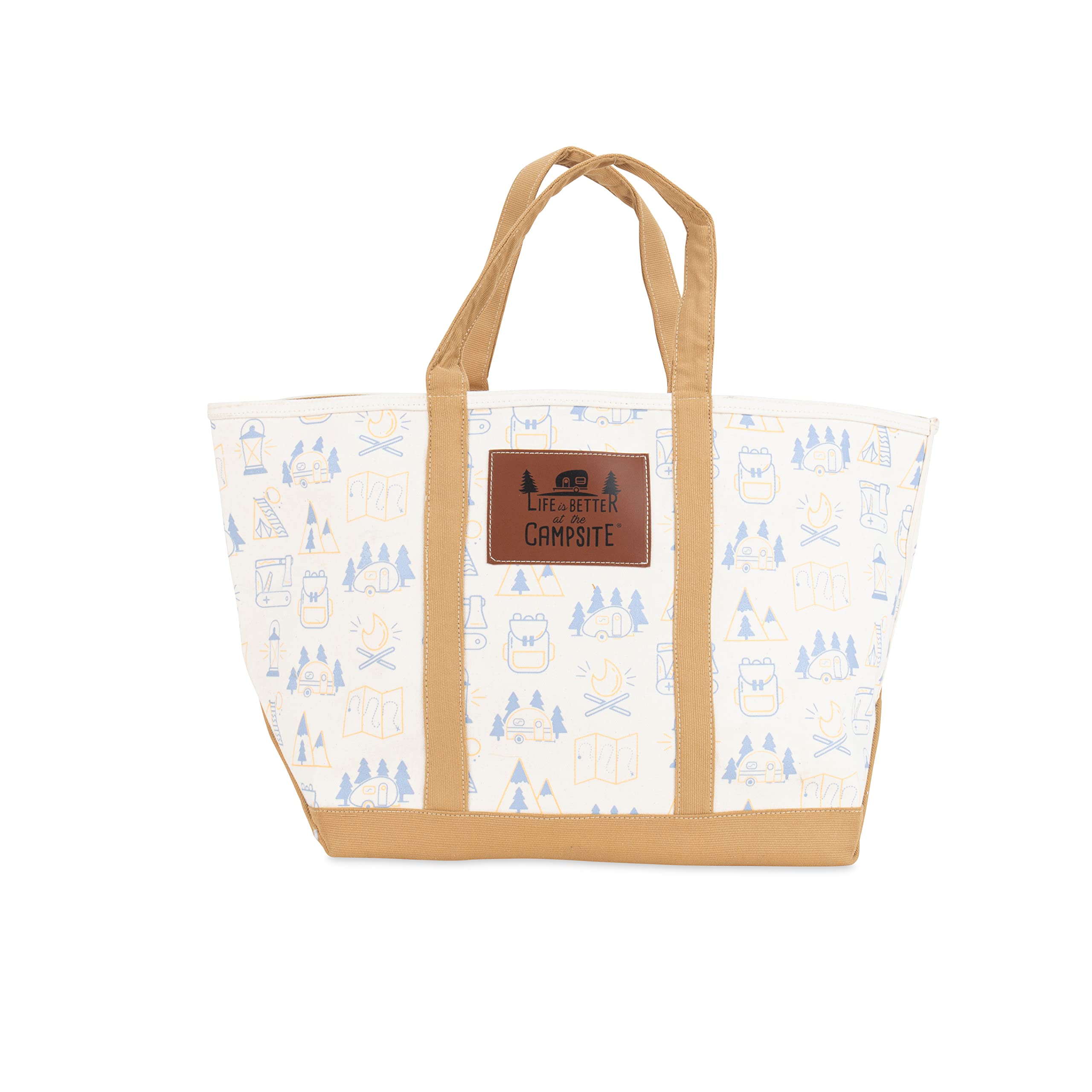 Camco Canvas Tote Bag Life is Better at the Campsite | Features a Heavy-Duty Cotton Canvas Design with Reinforced Base, a Unique RV-Themed Adventure Print, and a Zippered Top Closure | X-Large (53128)