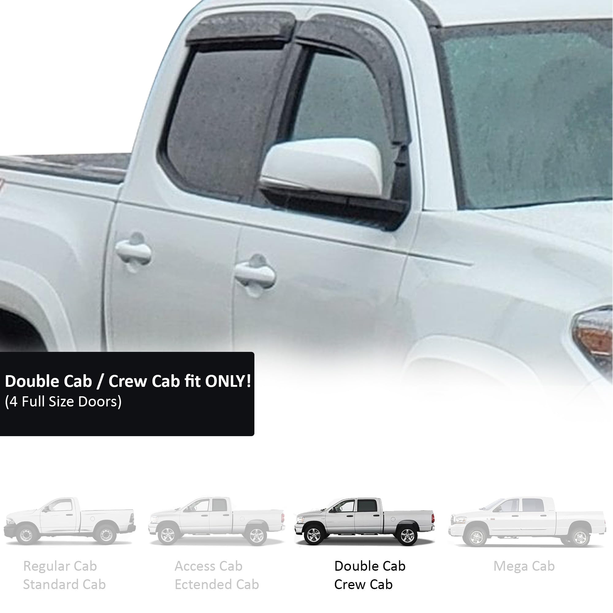 Tape On Black Horse Off Road Rain Guards/Wind Deflectors Compatible with 2016-2023 Toyota Tacoma Crew Cab Smoke 4 PCs - 141648