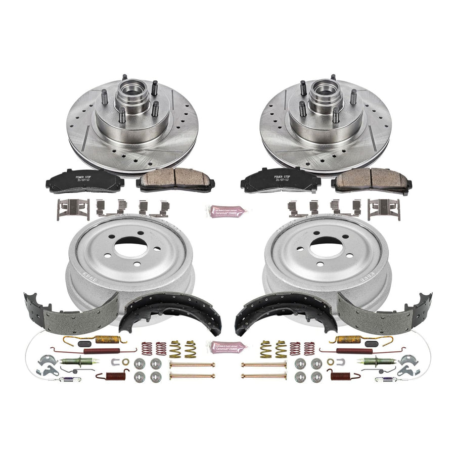 Power Stop K15006DK Z23 Carbon Fiber Brake Pads Front and Rear with Drilled & Slotted Brake Drums Kit For Ford Ranger, Mazda B2300, Mazda B, Mazda B, Mazda B3000, Mazda B4000 [Model Specific]
