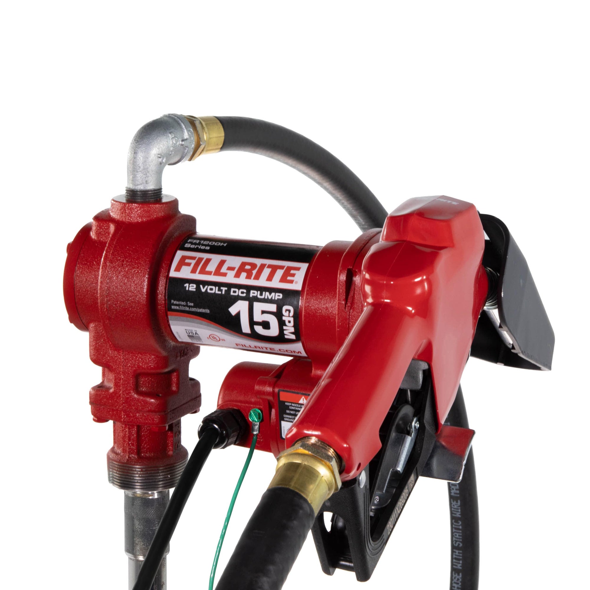 Fill-Rite 12V FR1210HA 15 GPM Fuel Transfer Pump with Discharge Hose & Automatic Nozzle, Red | Gasoline, Diesel, Kerosene, Ethanol & Methanol Blends & Biodiesel