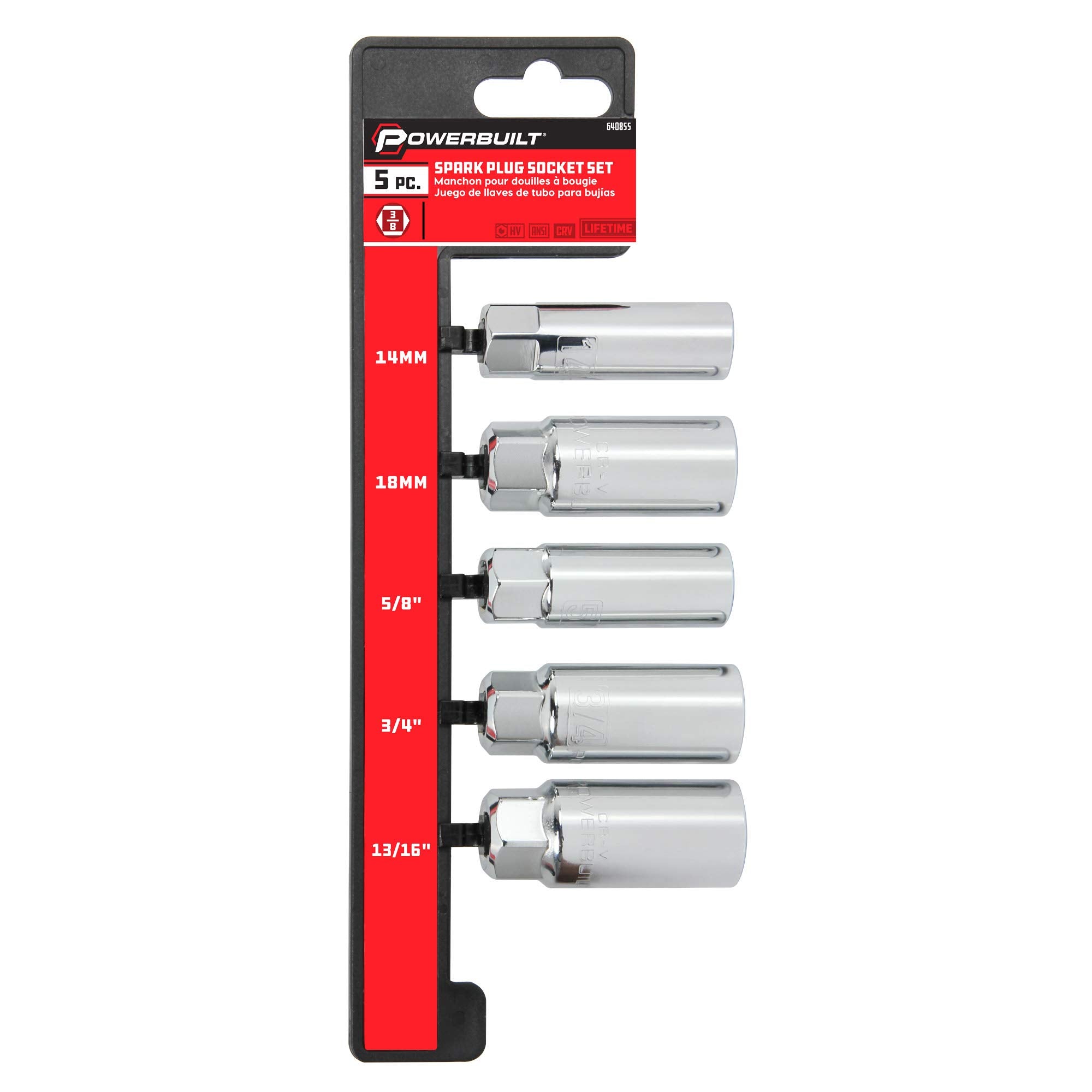3/8-Inch Drive Powerbuilt Spark Plug Socket Set, 6 Point, Deep Thin Wall, 5 Piece Metric and SAE - 640855, Grey