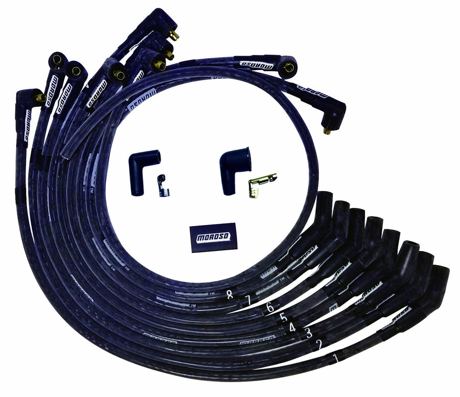 Moroso Ultra Series Black Sleeved Spark Plug Wires, Ford 260/289/302, Non HEI Distributor, 135 Degree Plug Ends