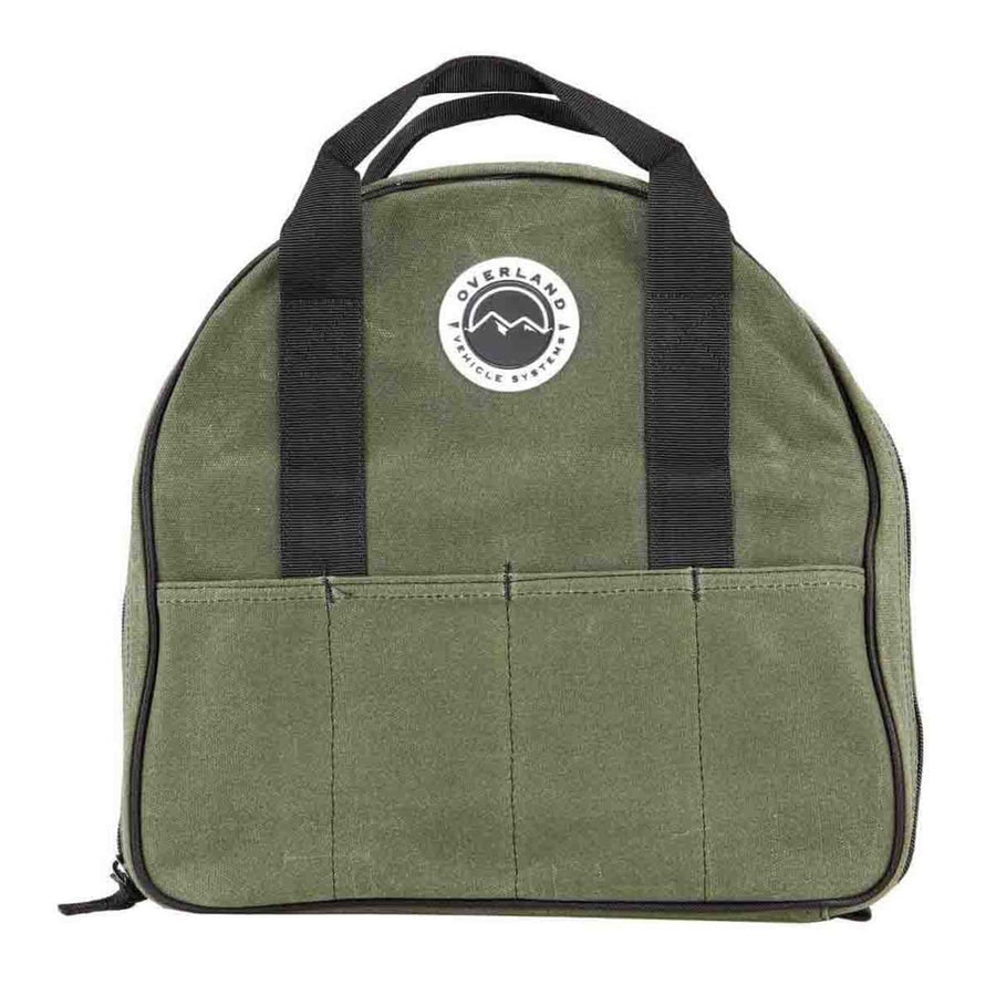 Jumper Cable Storage Bag Overland Vehicle Systems - #16 Waxed Canvas - Infused with Paraffin Wax Waterproofing - 7 Outside Tool Pockets, 3 Internal Tool Pockets, Two Heavy Duty Velcro Straps
