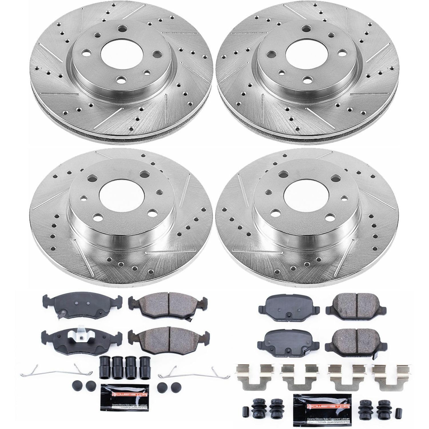 Power Stop K6291 Z23 Carbon Fiber Brake Pads Front and Rear with Drilled & Slotted Brake Rotors Kit For Fiat 500 2012-2017 [Model Specific]