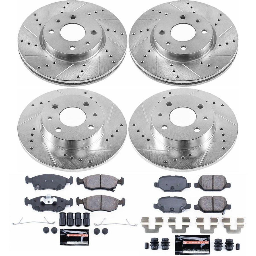 Power Stop K6291 Z23 Carbon Fiber Brake Pads Front and Rear with Drilled & Slotted Brake Rotors Kit For Fiat 500 2012-2017 [Model Specific]