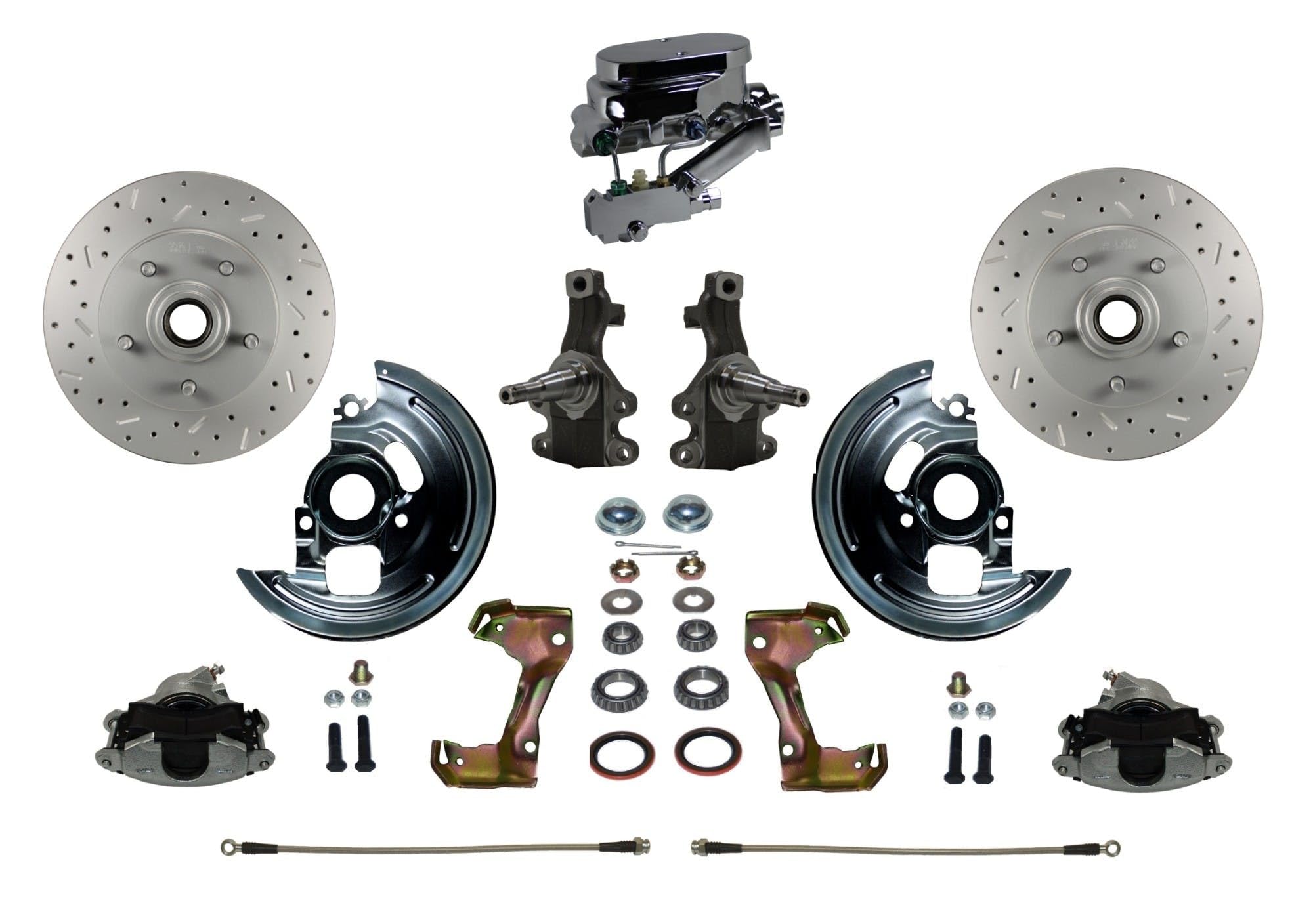 2" Drop Spindle Manual Front Disc Brake Conversion With Cross Drilled And Slotted Rotors Chrome Aluminum Flat Top M/C Disc/Drum Side Mount