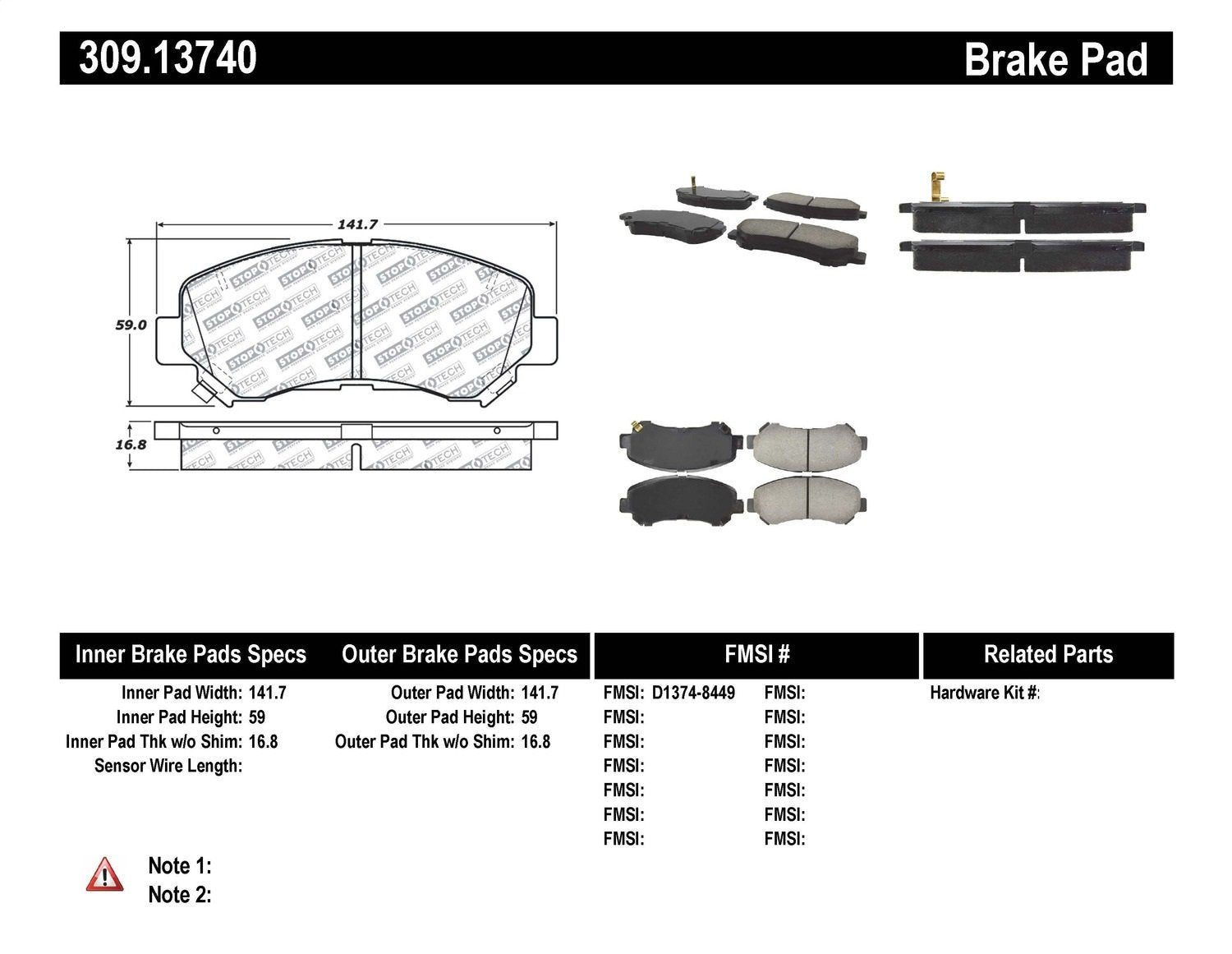 Sport Brake Pads StopTech 309.13740 with Shims and Hardware