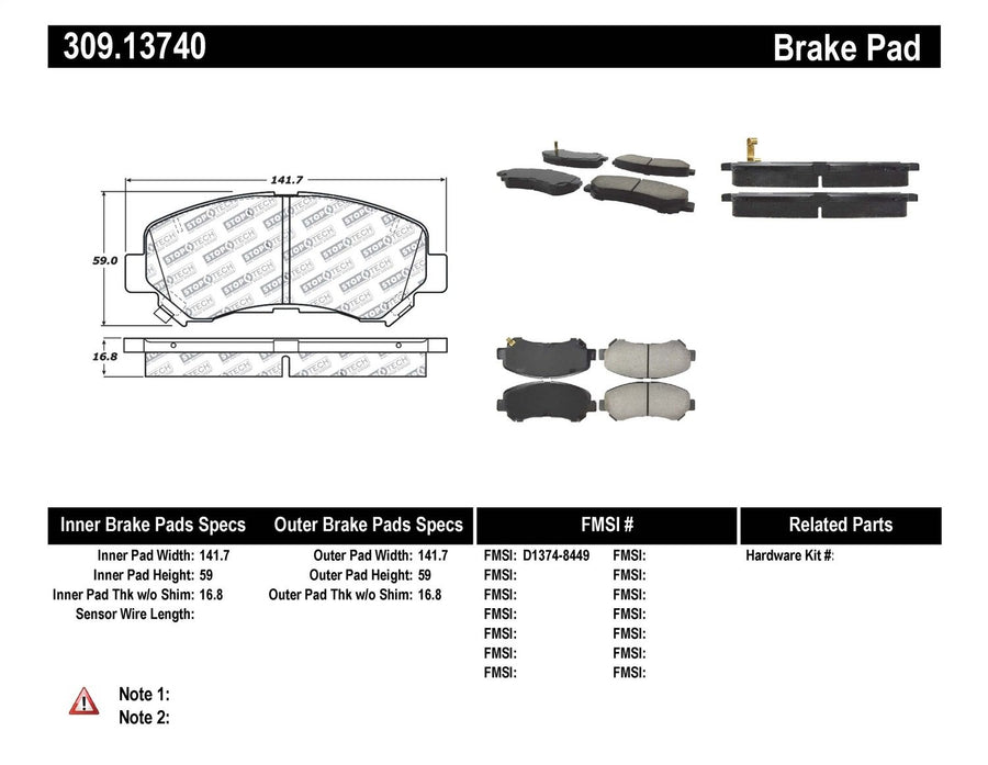 Sport Brake Pads StopTech 309.13740 with Shims and Hardware